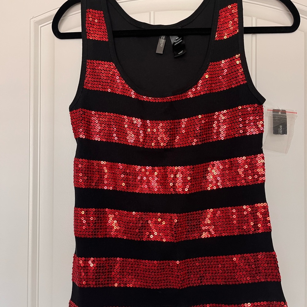 Bisou Bisou Y2K Lux Tux Black and Rio Red Sequin Tank Top Size Medium